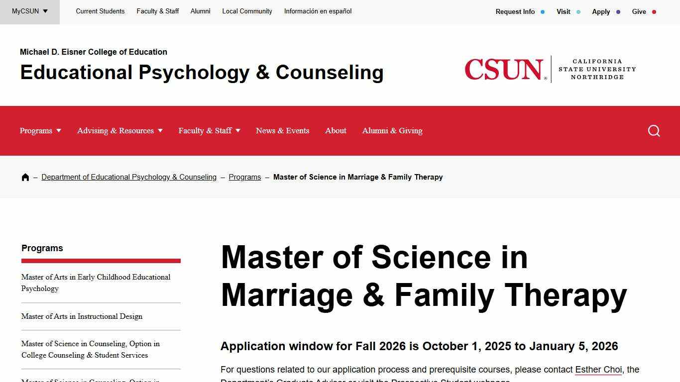 Master of Science in Marriage & Family Therapy CSU Northridge